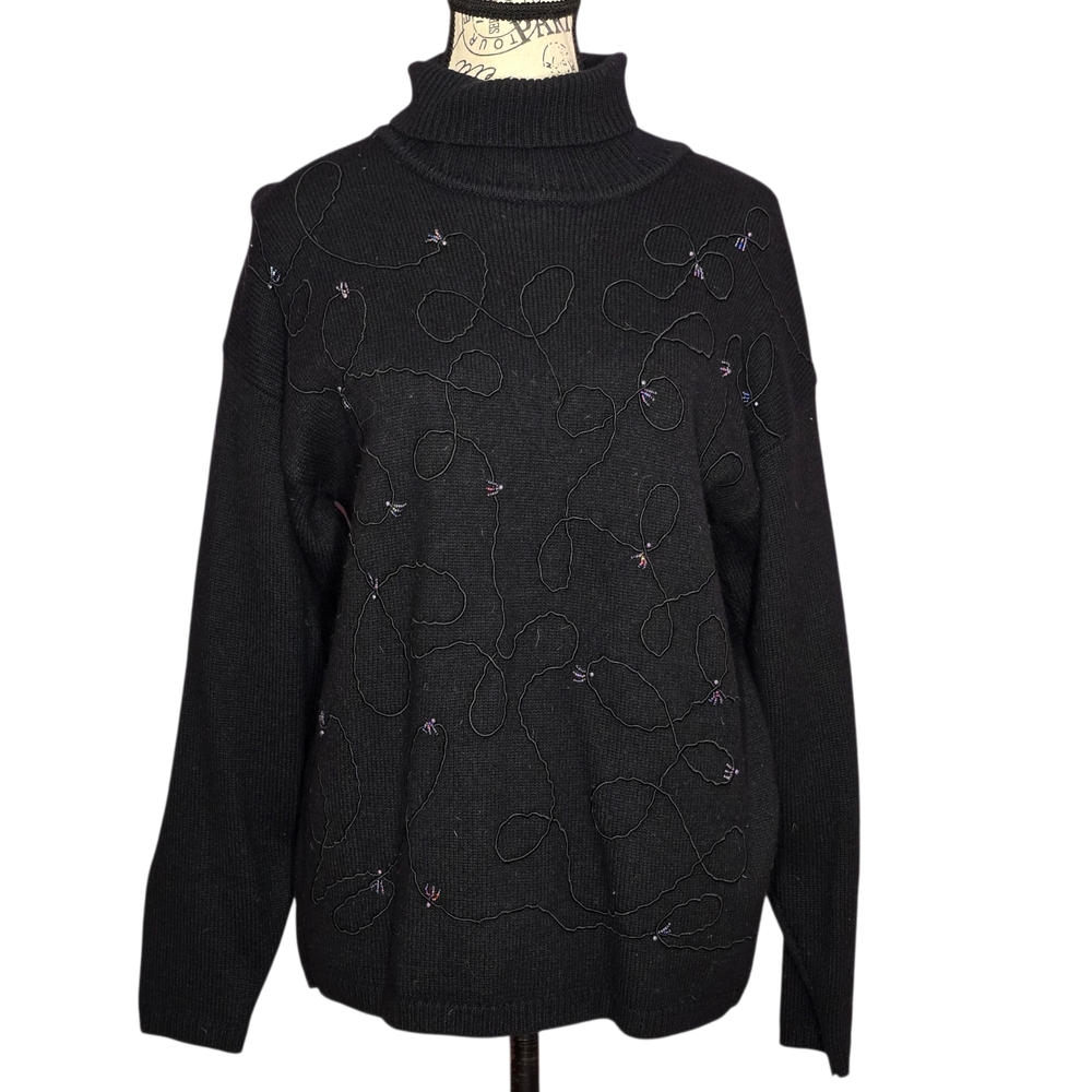 Elegant Black Turtleneck Lambswool Beaded Sweater Medium Classic